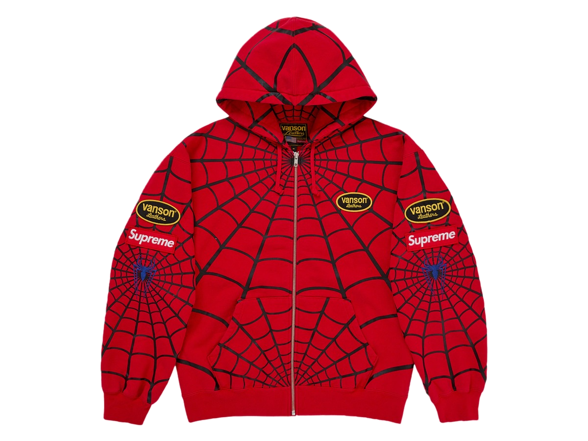 Supreme Vanson Leathers Spider-Man Zip Up Hooded Sweatshirt Red